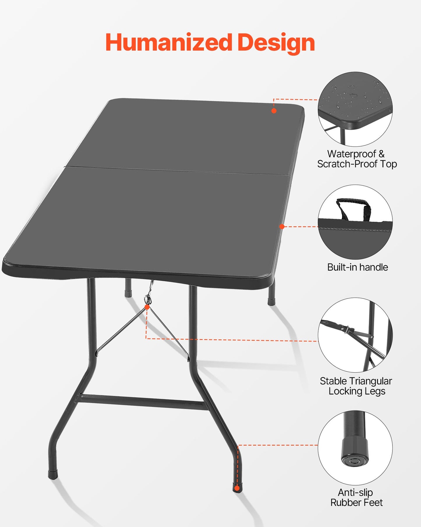Folding Table, 6 Ft Heavy Duty Portable Fold-in-Half Utility Table, Indoor Outdoor Plastic Rectangle Table with Built in Handle, for Party, Dining, Wedding, Events, Picnic, Camping, Black
