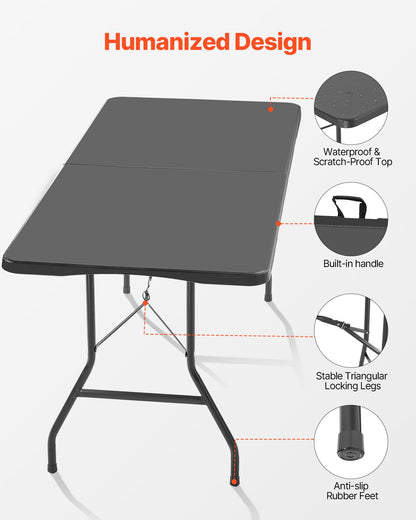 Folding Table, 6 Ft Heavy Duty Portable Fold-in-Half Utility Table, Indoor Outdoor Plastic Rectangle Table with Built in Handle, for Party, Dining, Wedding, Events, Picnic, Camping, Black