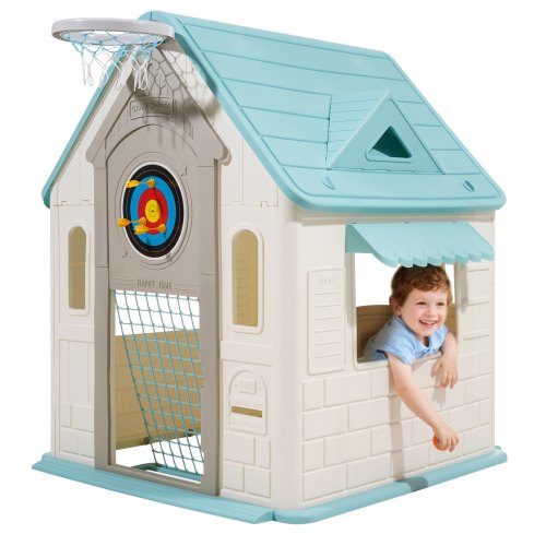 Outdoor Playhouse, 5-In-1 Cottage Play House with Pretend Play, Basketball, Darts, Soccer, Ring Toss, Window & Convenient Door, Toddler Slide Set for Aged 2+, Smooth Edges, Polypropylene Plastic