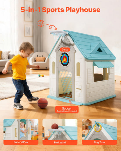 Outdoor Playhouse, 5-In-1 Cottage Play House with Pretend Play, Basketball, Darts, Soccer, Ring Toss, Window & Convenient Door, Toddler Slide Set for Aged 2+, Smooth Edges, Polypropylene Plastic
