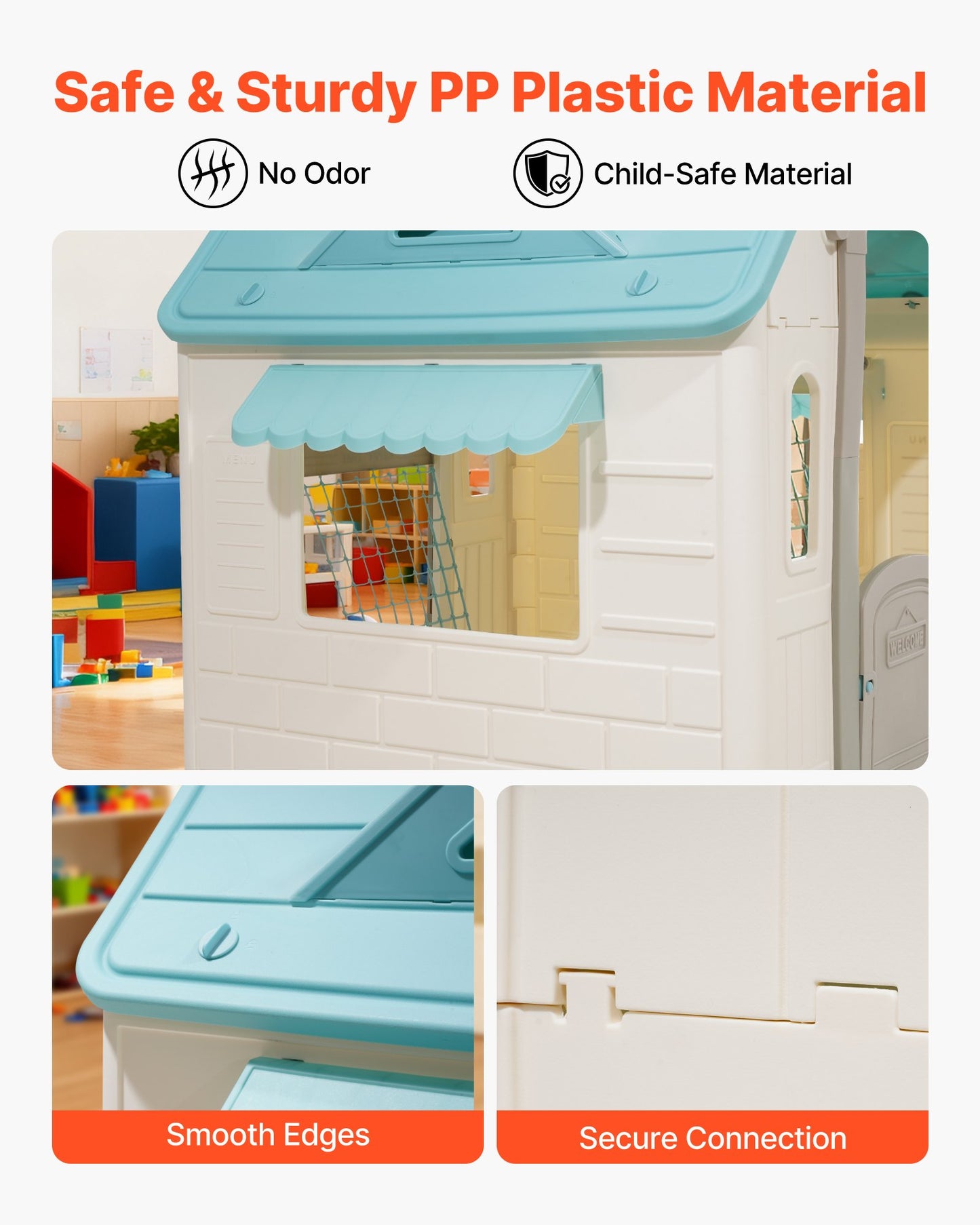 Outdoor Playhouse, 5-In-1 Cottage Play House with Pretend Play, Basketball, Darts, Soccer, Ring Toss, Window & Convenient Door, Toddler Slide Set for Aged 2+, Smooth Edges, Polypropylene Plastic