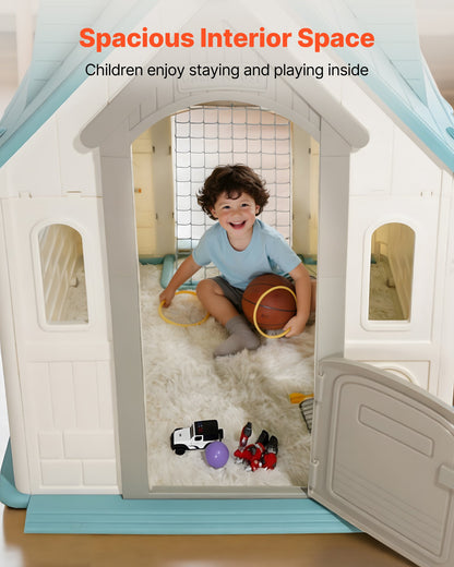 Outdoor Playhouse, 5-In-1 Cottage Play House with Pretend Play, Basketball, Darts, Soccer, Ring Toss, Window & Convenient Door, Toddler Slide Set for Aged 2+, Smooth Edges, Polypropylene Plastic