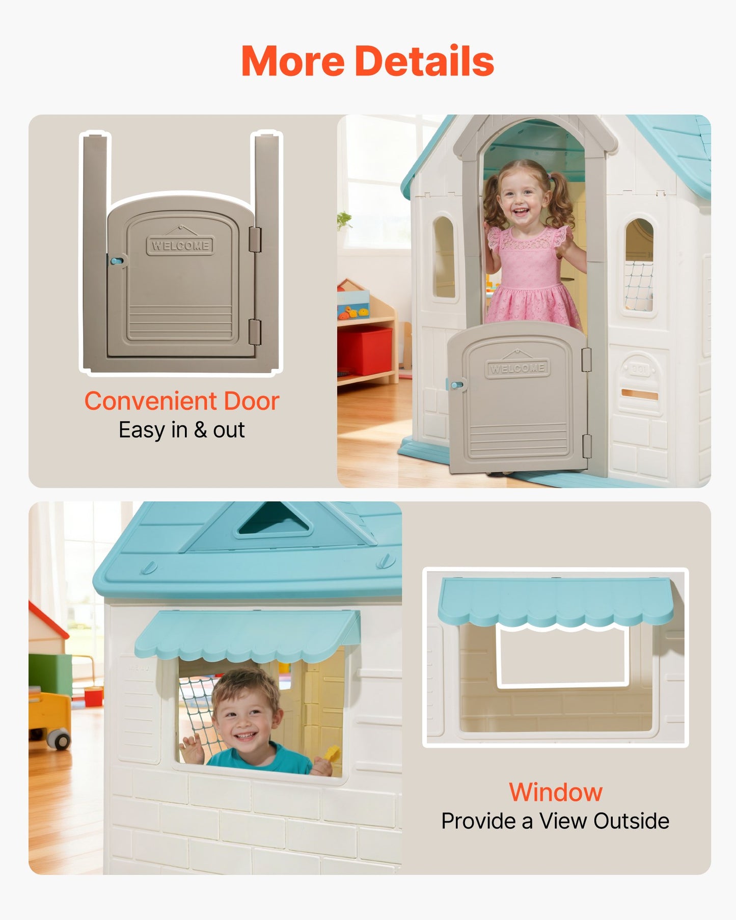 Outdoor Playhouse, 5-In-1 Cottage Play House with Pretend Play, Basketball, Darts, Soccer, Ring Toss, Window & Convenient Door, Toddler Slide Set for Aged 2+, Smooth Edges, Polypropylene Plastic