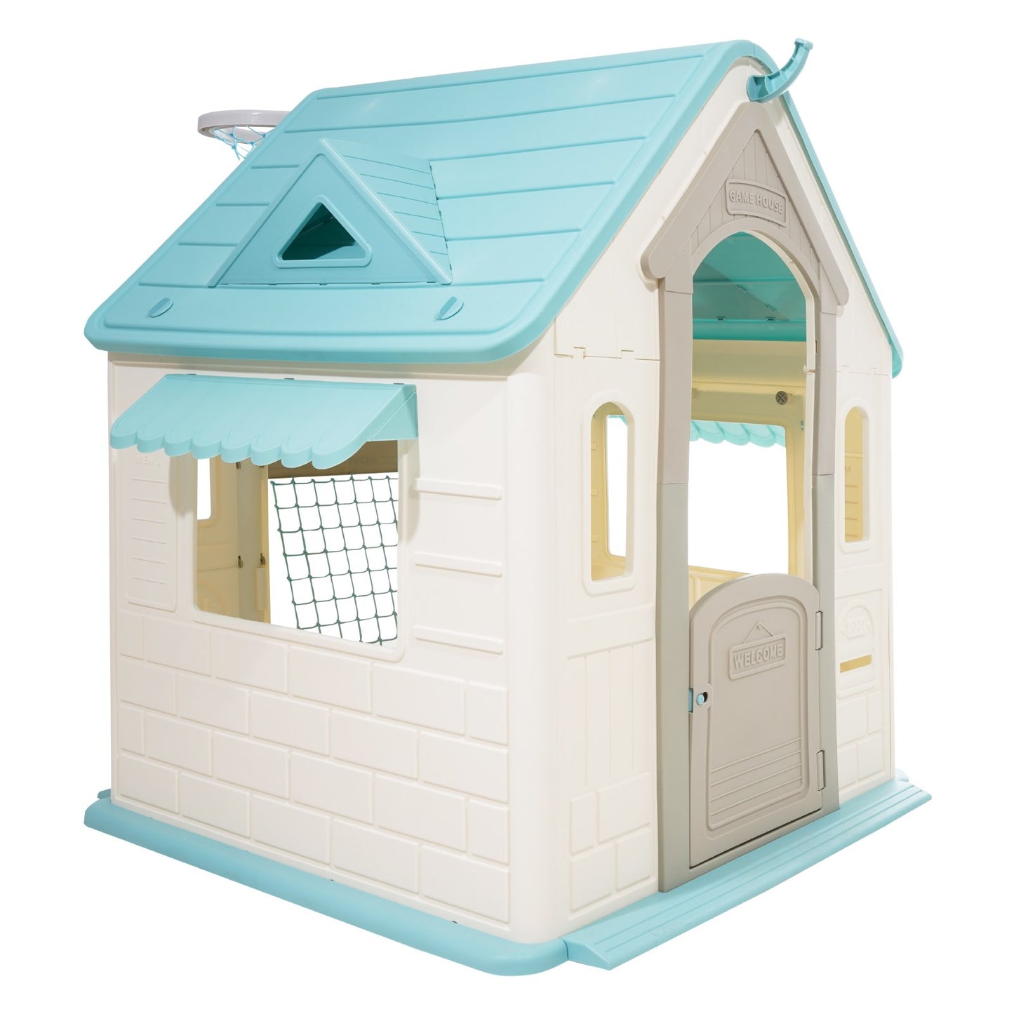 Outdoor Playhouse, 5-In-1 Cottage Play House with Pretend Play, Basketball, Darts, Soccer, Ring Toss, Window & Convenient Door, Toddler Slide Set for Aged 2+, Smooth Edges, Polypropylene Plastic