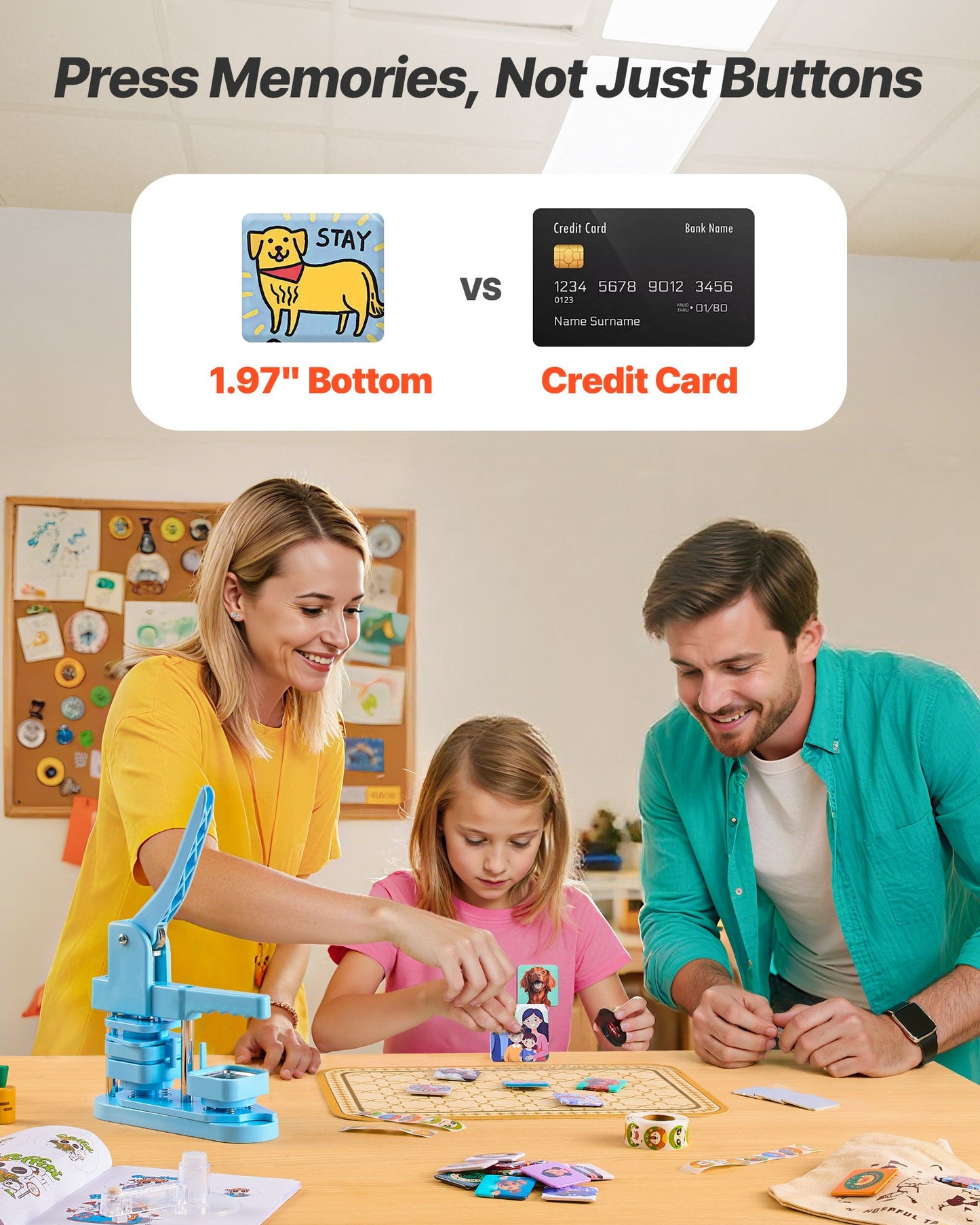 Button Maker Machine, 50 x 50 mm Square, Plastic Pin Maker with Tinplate Front Shells, Plastic Back Covers, Magnetic Backings and Transparent Films, Ergonomic Handle, for DIY Badges, Blue