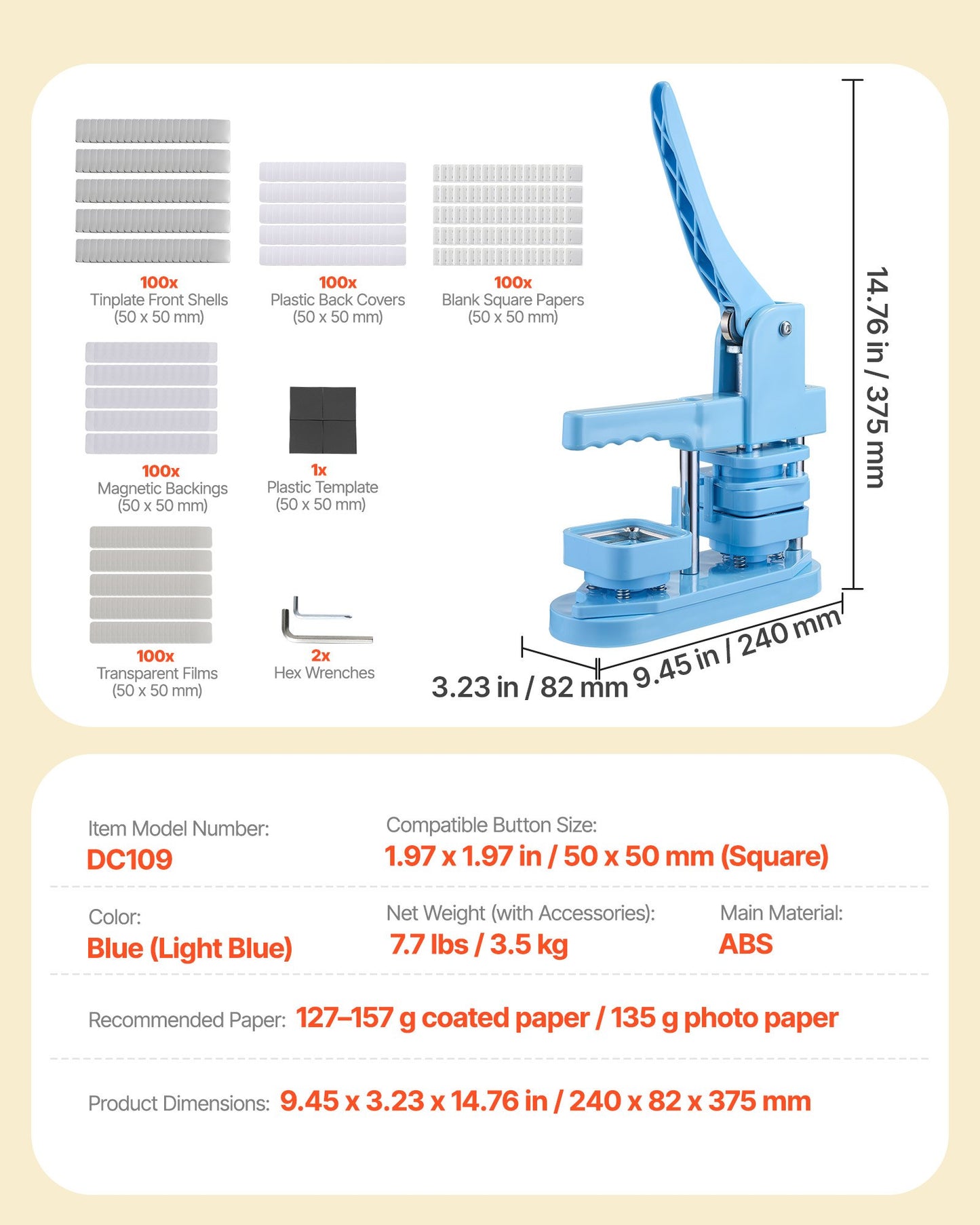 Button Maker Machine, 50 x 50 mm Square, Plastic Pin Maker with Tinplate Front Shells, Plastic Back Covers, Magnetic Backings and Transparent Films, Ergonomic Handle, for DIY Badges, Blue