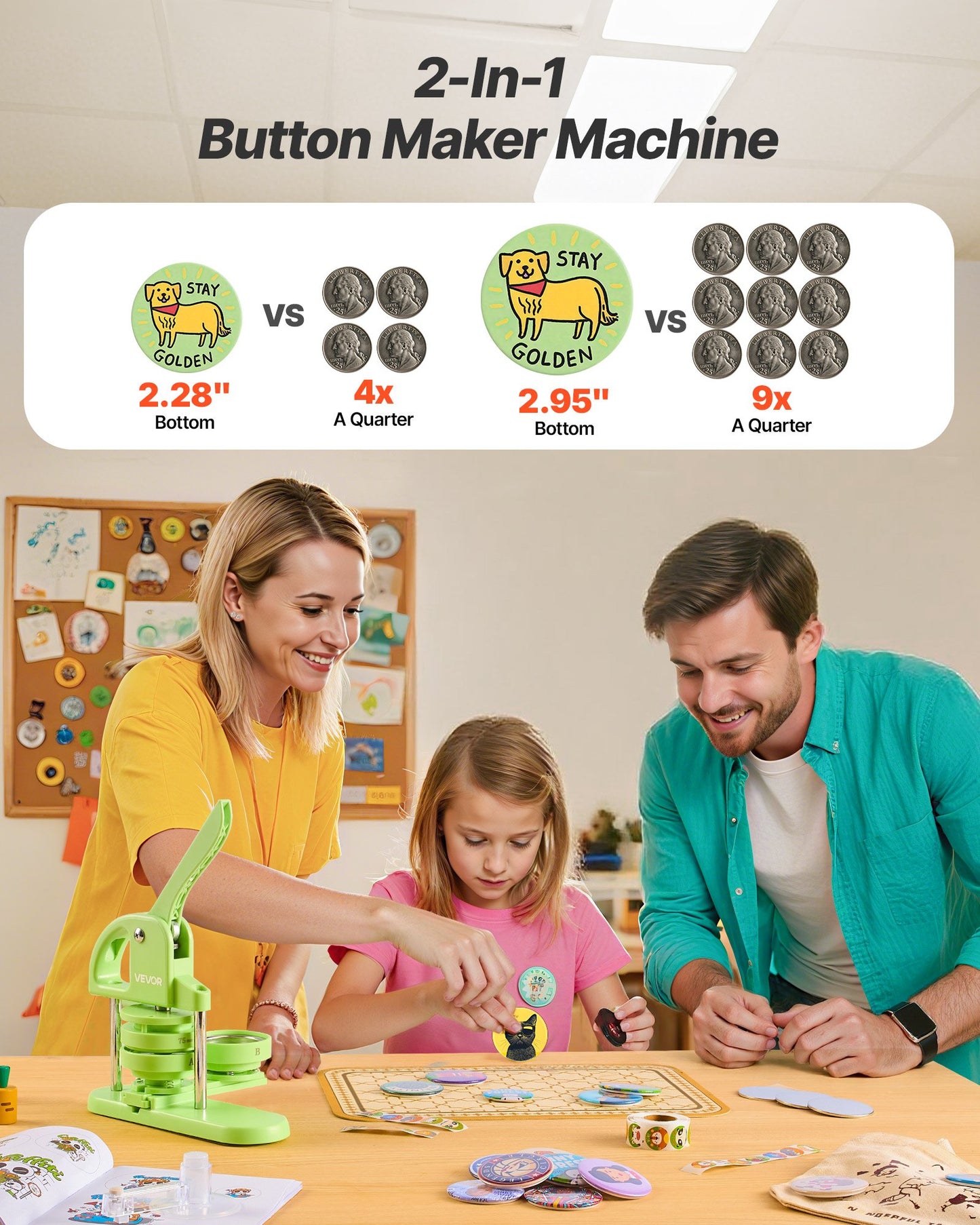 Button Maker Machine, 58 mm / 75 mm 2-in-1, Plastic Pin Maker with 200 pcs Button Parts, Circle Cutter and Magic Book, Reinforced Ergonomic Handle, for DIY Badges, Personalized Pins, Green