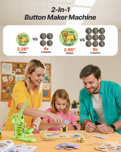 Button Maker Machine, 58 mm / 75 mm 2-in-1, Plastic Pin Maker with 200 pcs Button Parts, Circle Cutter and Magic Book, Reinforced Ergonomic Handle, for DIY Badges, Personalized Pins, Green
