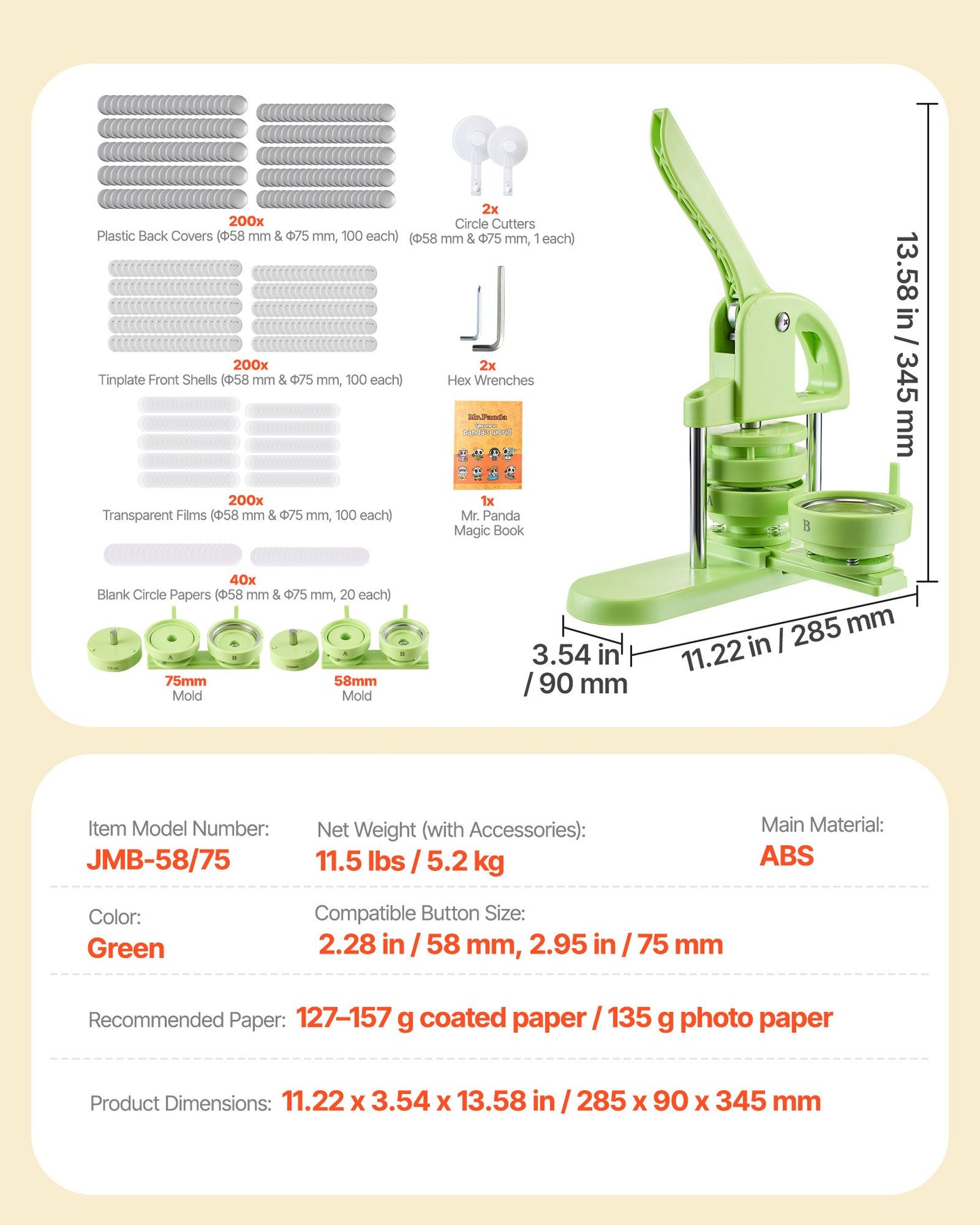 Button Maker Machine, 58 mm / 75 mm 2-in-1, Plastic Pin Maker with 200 pcs Button Parts, Circle Cutter and Magic Book, Reinforced Ergonomic Handle, for DIY Badges, Personalized Pins, Green
