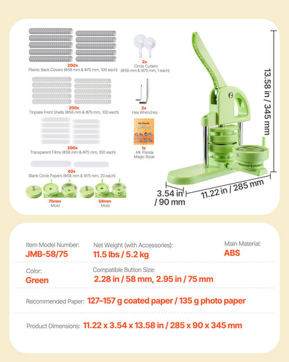 Button Maker Machine, 58 mm / 75 mm 2-in-1, Plastic Pin Maker with 200 pcs Button Parts, Circle Cutter and Magic Book, Reinforced Ergonomic Handle, for DIY Badges, Personalized Pins, Green