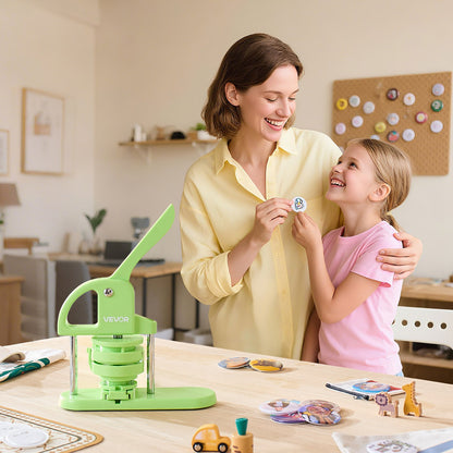 Button Maker Machine, 58 mm / 75 mm 2-in-1, Plastic Pin Maker with 200 pcs Button Parts, Circle Cutter and Magic Book, Reinforced Ergonomic Handle, for DIY Badges, Personalized Pins, Green