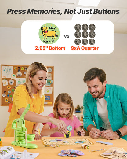 Button Maker Machine, 75 mm, Plastic Pin Maker with 100pcs Button Parts, Circle Cutter and Magic Book, Reinforced Ergonomic Handle, for DIY Badges, Personalized Pins and Key Chains, Green