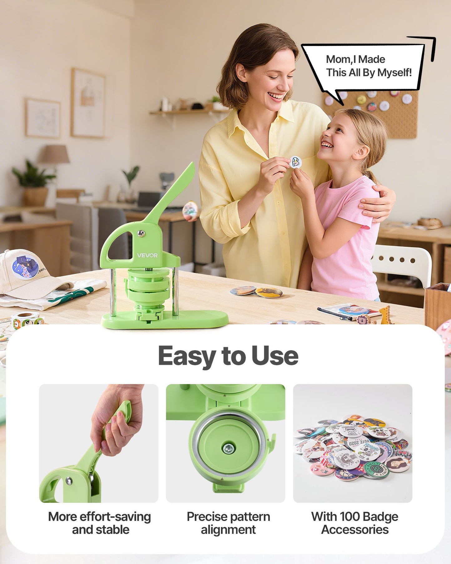 Button Maker Machine, 75 mm, Plastic Pin Maker with 100pcs Button Parts, Circle Cutter and Magic Book, Reinforced Ergonomic Handle, for DIY Badges, Personalized Pins and Key Chains, Green
