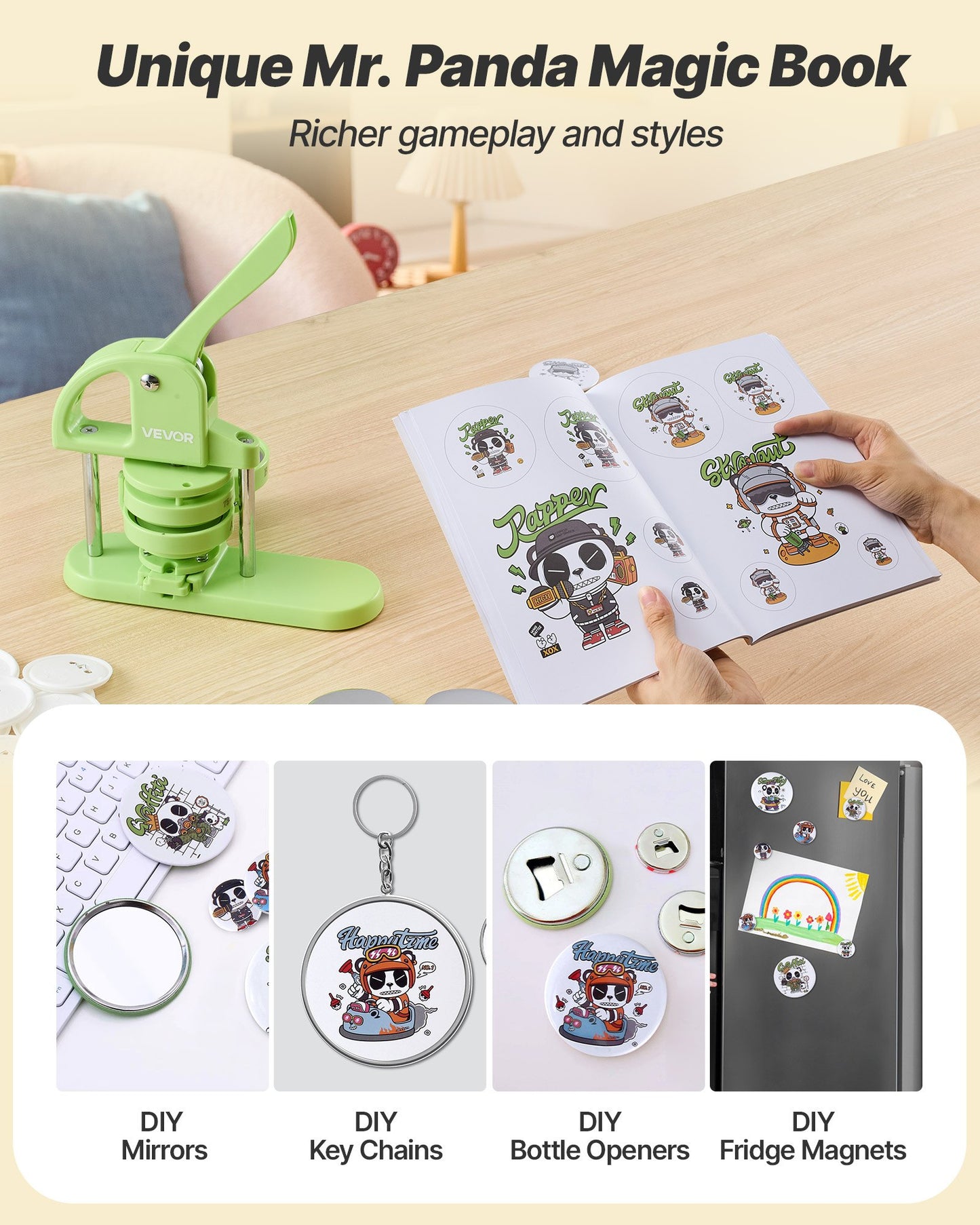 Button Maker Machine, 75 mm, Plastic Pin Maker with 100pcs Button Parts, Circle Cutter and Magic Book, Reinforced Ergonomic Handle, for DIY Badges, Personalized Pins and Key Chains, Green