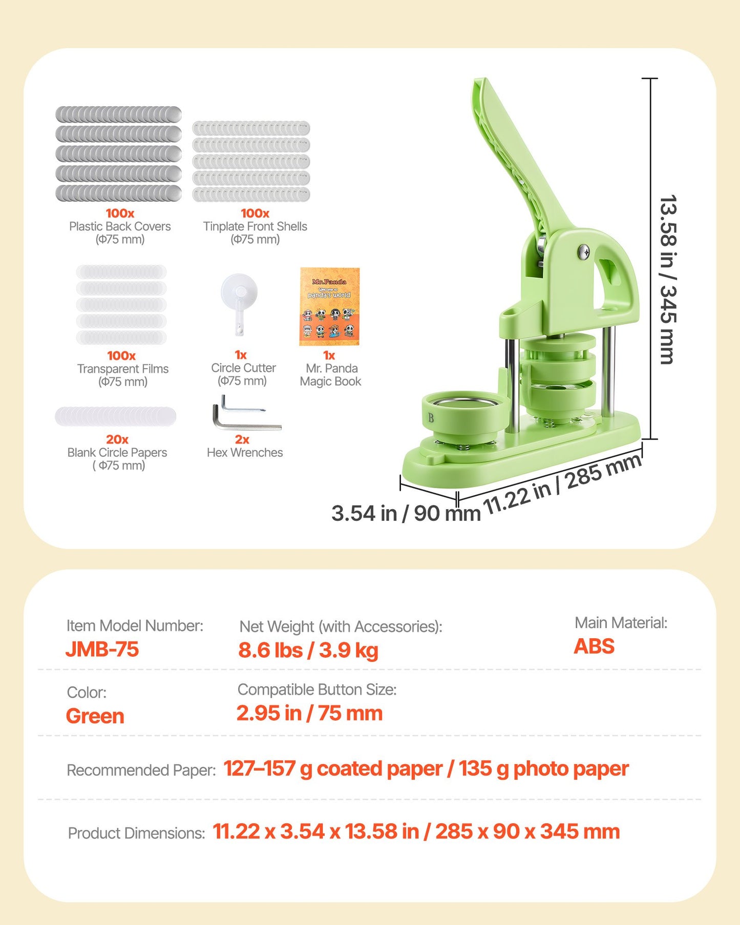 Button Maker Machine, 75 mm, Plastic Pin Maker with 100pcs Button Parts, Circle Cutter and Magic Book, Reinforced Ergonomic Handle, for DIY Badges, Personalized Pins and Key Chains, Green