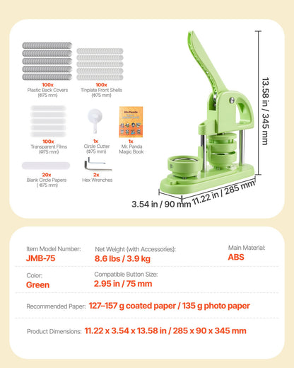 Button Maker Machine, 75 mm, Plastic Pin Maker with 100pcs Button Parts, Circle Cutter and Magic Book, Reinforced Ergonomic Handle, for DIY Badges, Personalized Pins and Key Chains, Green