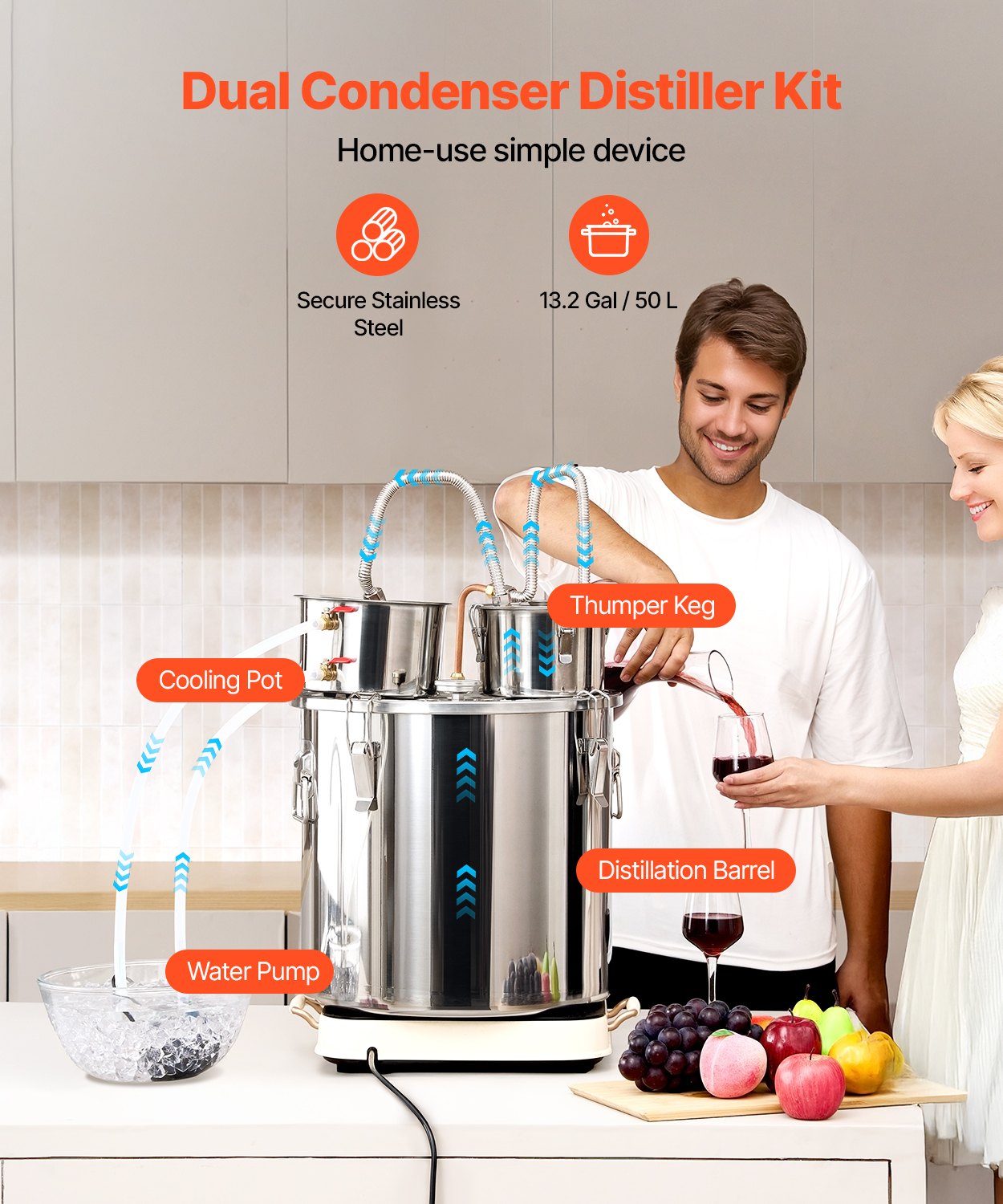 Alcohol Still, 13.2 Gal / 50 L Stainless Steel Water Alcohol Distiller with Copper Coil for Fast Cooling, Dual Condenser Distiller Kit with Secondary Distillation, for Wine Whisky Brandy, Silver