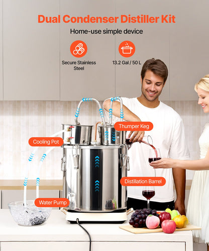 Alcohol Still, 13.2 Gal / 50 L Stainless Steel Water Alcohol Distiller with Copper Coil for Fast Cooling, Dual Condenser Distiller Kit with Secondary Distillation, for Wine Whisky Brandy, Silver