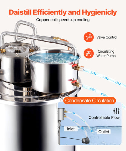 Alcohol Still, 13.2 Gal / 50 L Stainless Steel Water Alcohol Distiller with Copper Coil for Fast Cooling, Dual Condenser Distiller Kit with Secondary Distillation, for Wine Whisky Brandy, Silver