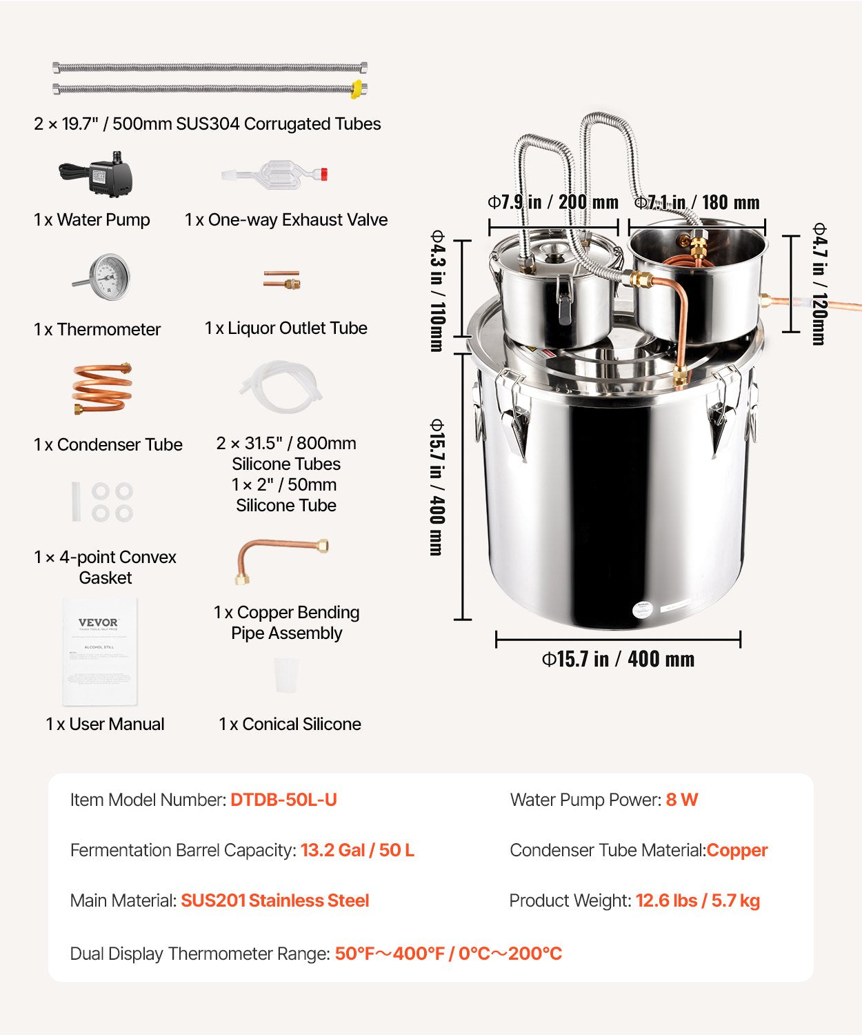 Alcohol Still, 13.2 Gal / 50 L Stainless Steel Water Alcohol Distiller with Copper Coil for Fast Cooling, Dual Condenser Distiller Kit with Secondary Distillation, for Wine Whisky Brandy, Silver