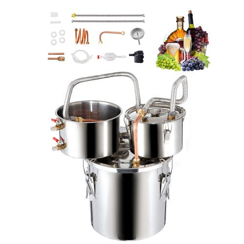 Alcohol Still, 3 Gal / 11.4 L Stainless Steel Water Alcohol Distiller with Copper Coil for Fast Cooling, Dual Condenser Distiller Kit with Secondary Distillation, for Wine Whisky Brandy, Silver