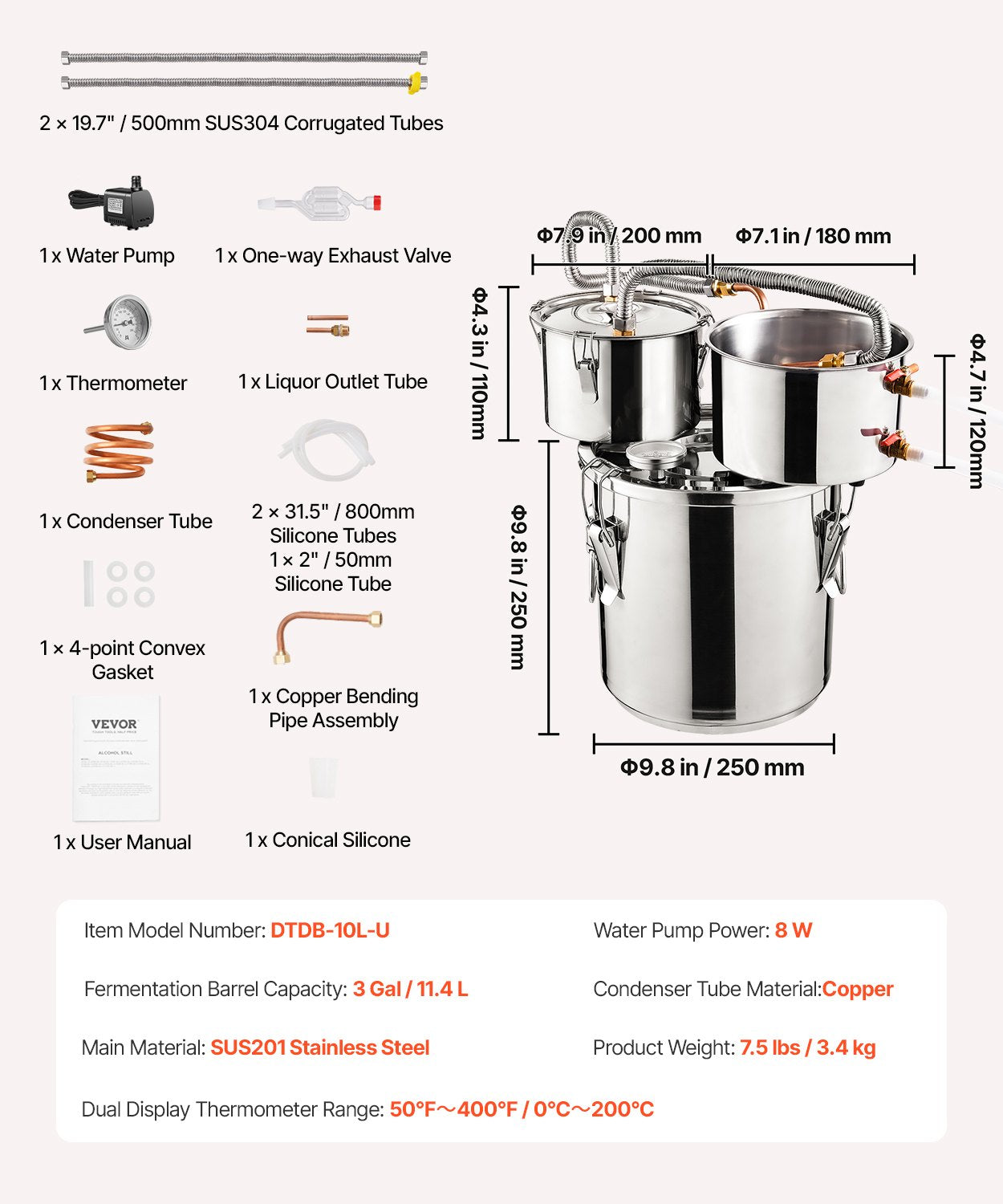 Alcohol Still, 3 Gal / 11.4 L Stainless Steel Water Alcohol Distiller with Copper Coil for Fast Cooling, Dual Condenser Distiller Kit with Secondary Distillation, for Wine Whisky Brandy, Silver