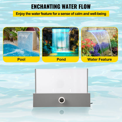 Poolbrunnen-Überlauf 11,8 x 3,2 x 8,1 Zoll, Brunnen-Überlauf mit blauer LED-Beleuchtung, Pool-Wasserfallbrunnen aus massivem Acryl, Pool-Wasserfall für Gartenteich, Schwimmbad, Quadratisch