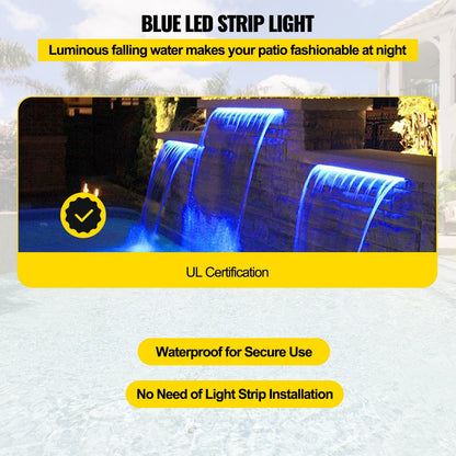 Poolbrunnen-Überlauf 11,8 x 3,2 x 8,1 Zoll, Brunnen-Überlauf mit blauer LED-Beleuchtung, Pool-Wasserfallbrunnen aus massivem Acryl, Pool-Wasserfall für Gartenteich, Schwimmbad, Quadratisch