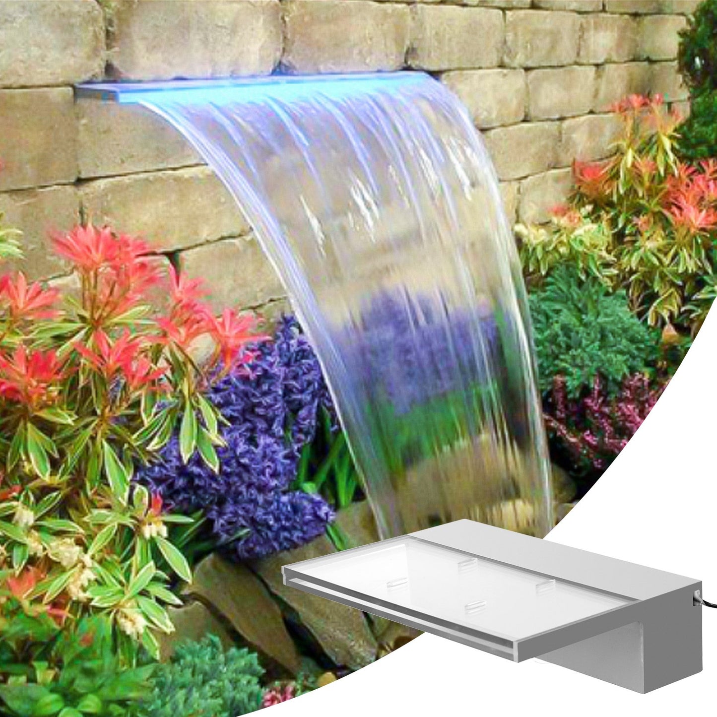 Poolbrunnen-Überlauf 11,8 x 3,2 x 8,1 Zoll, Brunnen-Überlauf mit blauer LED-Beleuchtung, Pool-Wasserfallbrunnen aus massivem Acryl, Pool-Wasserfall für Gartenteich, Schwimmbad, Quadratisch