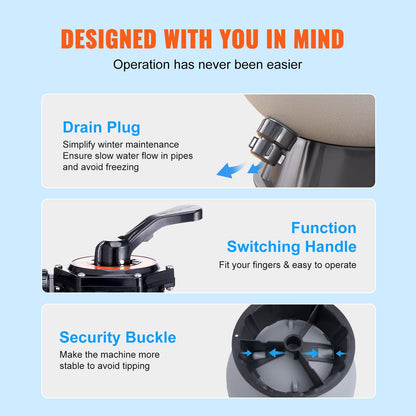 Sandfilter, 19 Zoll, Durchflussrate bis zu 45 GPM, Sandfiltersystem für Aufstellpools mit 7-Wege-Mehrwegeventil, Filter-, Rückspül-, Spül-, Umwälz-, Abwasser-, Winter- und Geschlossenfunktion