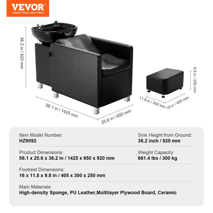 Shampoo Backwash Chair, 661.4 LBS Loading Salon & Spa Hair Washing Station, Backwash Barber Shampoo Bowl and Chair, Beauty Spa Massage Hairdressing Equipment with Ceramic Bowl and Wide Footrest
