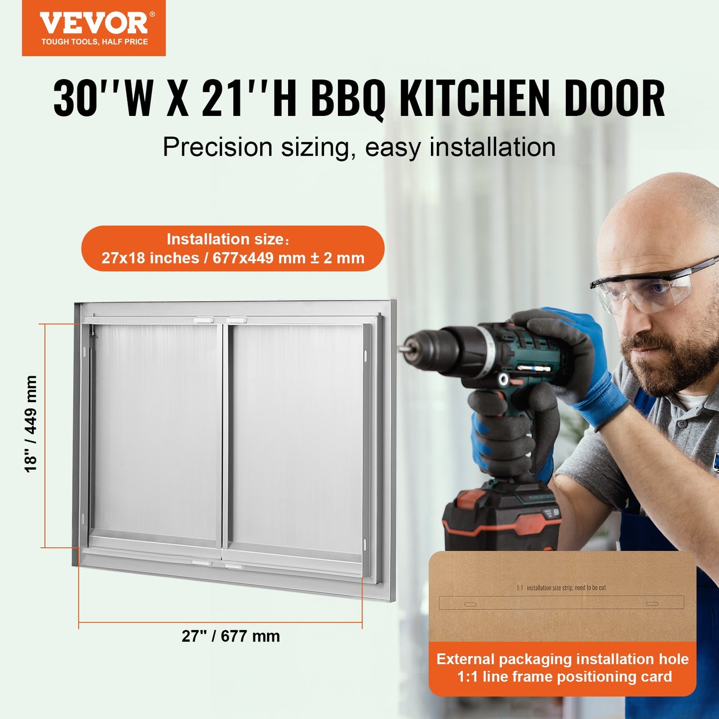 BBQ Access Door, 762x532 mm Double Outdoor Kitchen Door, Stainless Steel Flush Mount Door, Wall Vertical Door with Recessed Handles , for BBQ Island, Grilling Station, Outside Cabinet