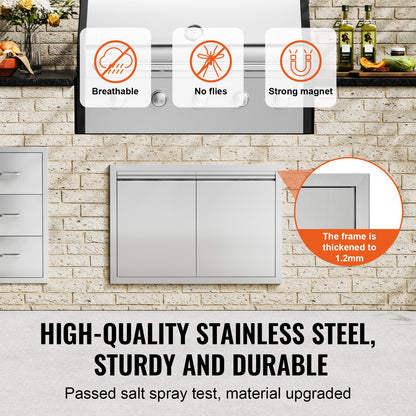 BBQ Access Door, 762x532 mm Double Outdoor Kitchen Door, Stainless Steel Flush Mount Door, Wall Vertical Door with Recessed Handles , for BBQ Island, Grilling Station, Outside Cabinet