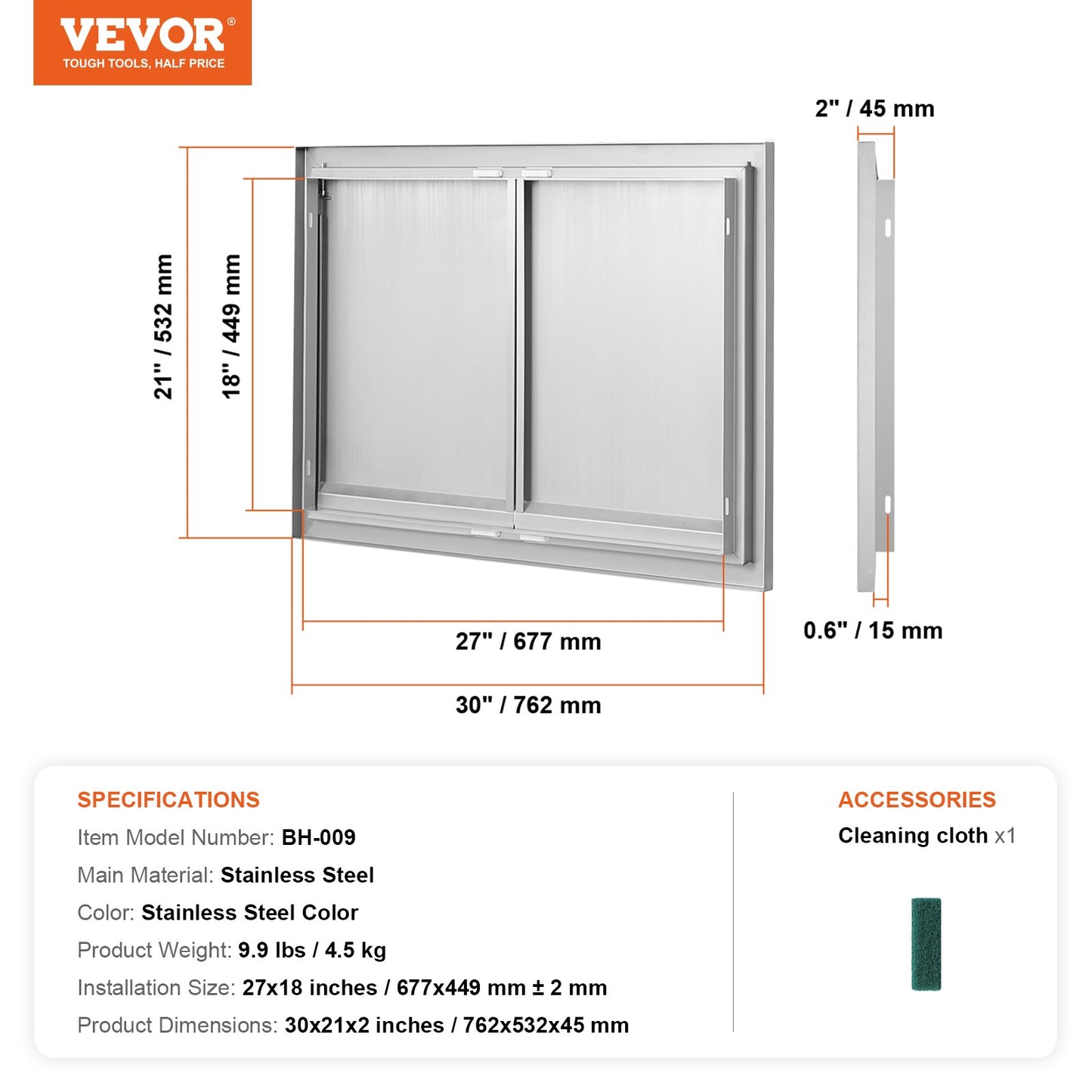 BBQ Access Door, 762x532 mm Double Outdoor Kitchen Door, Stainless Steel Flush Mount Door, Wall Vertical Door with Recessed Handles , for BBQ Island, Grilling Station, Outside Cabinet
