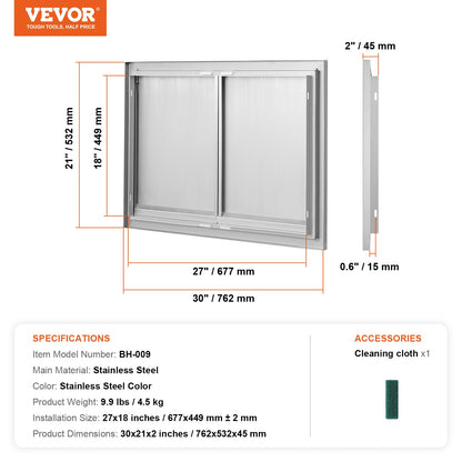 BBQ Access Door, 762x532 mm Double Outdoor Kitchen Door, Stainless Steel Flush Mount Door, Wall Vertical Door with Recessed Handles , for BBQ Island, Grilling Station, Outside Cabinet