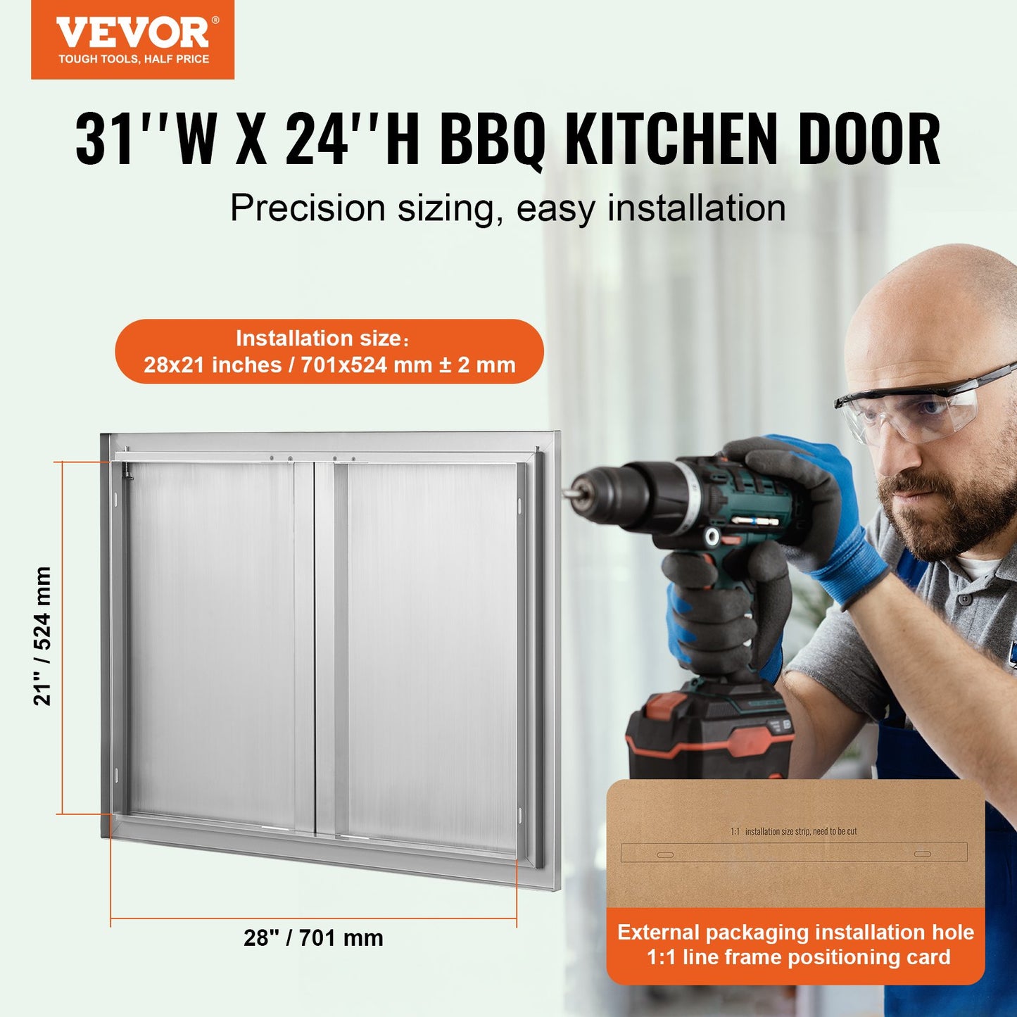 BBQ Access Door, 787x609 mm Double Outdoor Kitchen Door, Stainless Steel Flush Mount Door, Wall Vertical Door with Recessed Handles , for BBQ Island, Grilling Station, Outside Cabinet