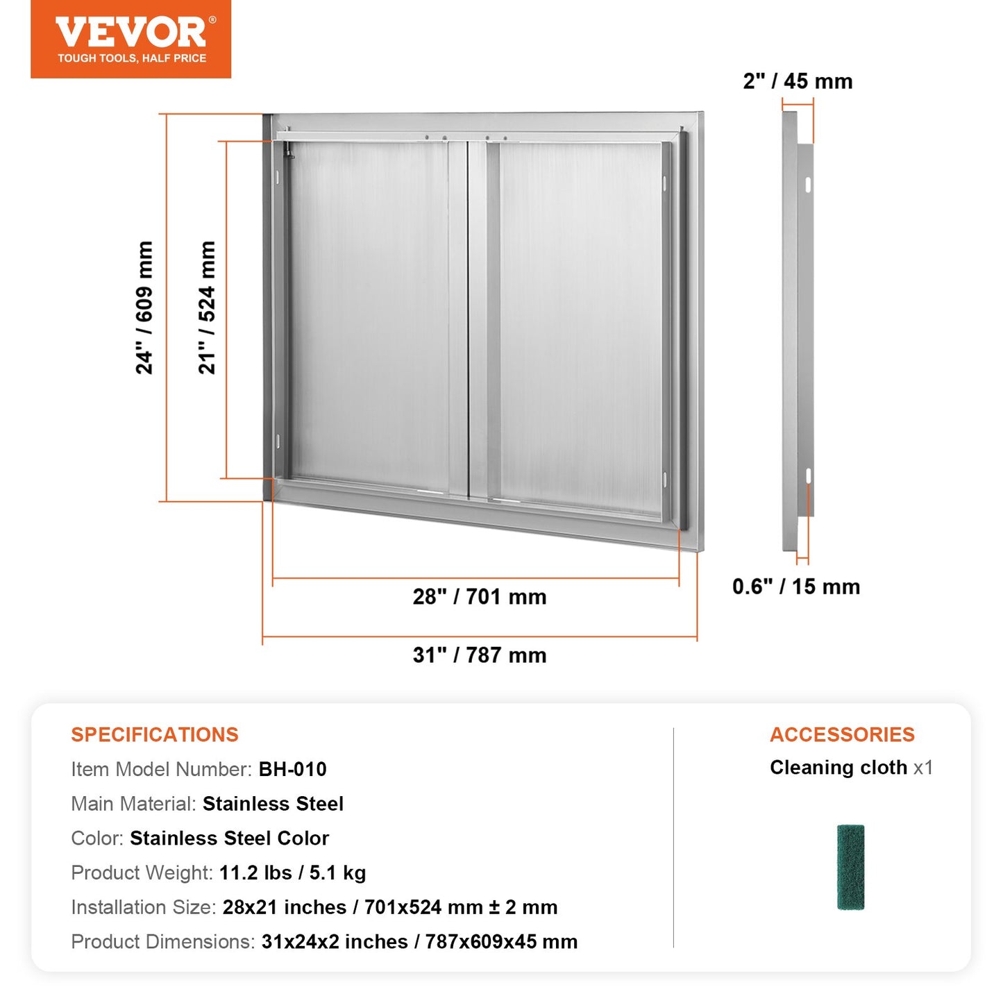 BBQ Access Door, 787x609 mm Double Outdoor Kitchen Door, Stainless Steel Flush Mount Door, Wall Vertical Door with Recessed Handles , for BBQ Island, Grilling Station, Outside Cabinet