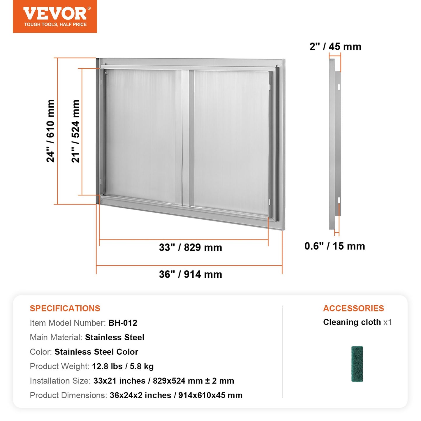 BBQ Access Door, 914x610 mm Double Outdoor Kitchen Door, Stainless Steel Flush Mount Door, Wall Vertical Door with Recessed Handles , for BBQ Island, Grilling Station, Outside Cabinet