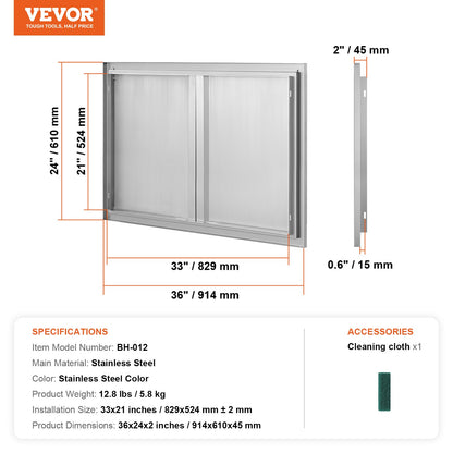 BBQ Access Door, 914x610 mm Double Outdoor Kitchen Door, Stainless Steel Flush Mount Door, Wall Vertical Door with Recessed Handles , for BBQ Island, Grilling Station, Outside Cabinet