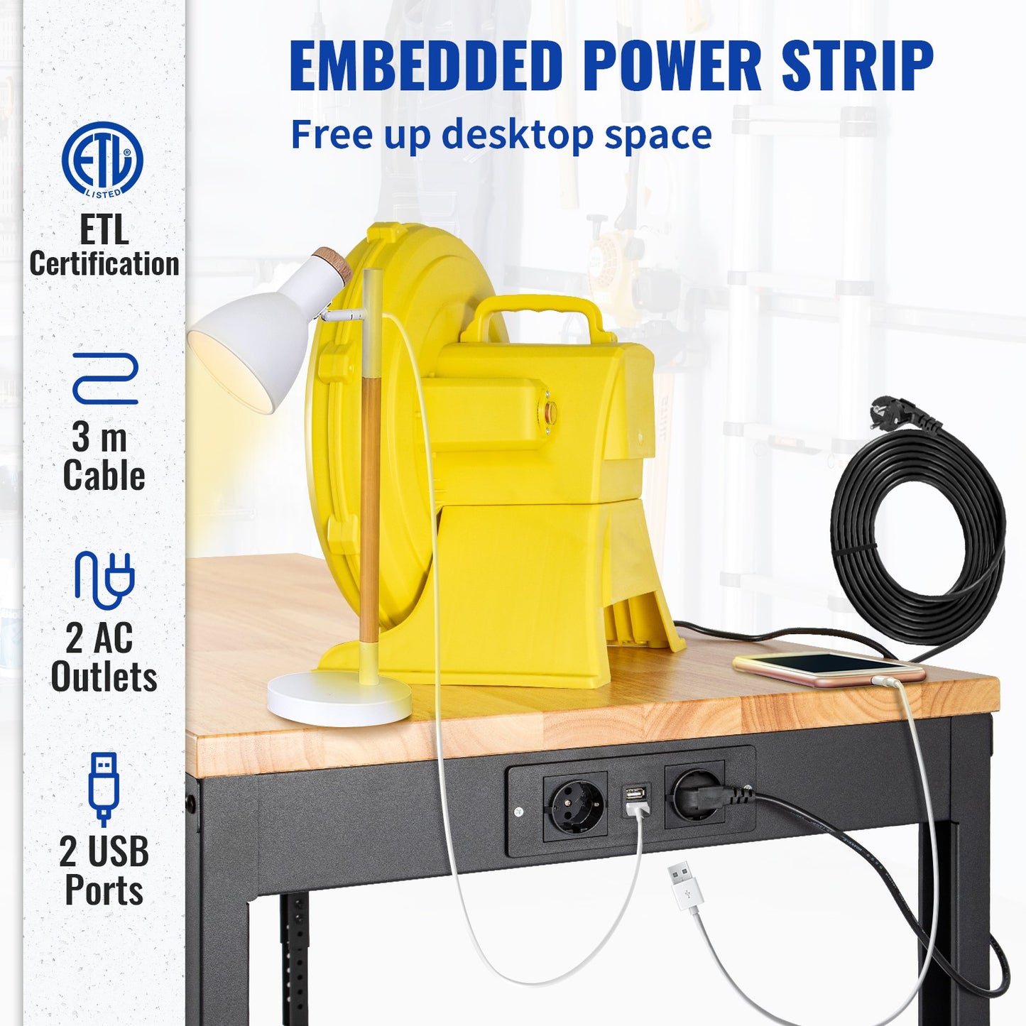 Workbench Adjustable Height, 155 x 51 cm Garage Table with 80 – 105 cm Heights & 720KG Capacity, with Power Outlets & Hardwood Top & Metal Frame & Swivel Casters, for Office Home Workshop