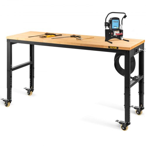 Workbench Adjustable Height, 122cm W X 61cm D X 104cm H Garage Table with 79 – 104 cm Heights & 720KG Capacity, with Power Outlets & Hardwood Top & Metal Frame & Swivel Casters, for Office Home