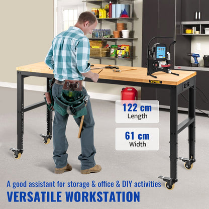 Workbench Adjustable Height, 122cm W X 61cm D X 104cm H Garage Table with 79 – 104 cm Heights & 720KG Capacity, with Power Outlets & Hardwood Top & Metal Frame & Swivel Casters, for Office Home