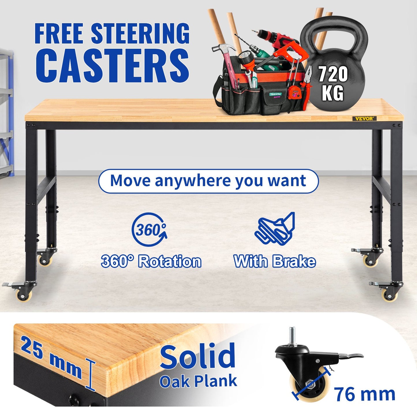 Workbench Adjustable Height, 122cm W X 61cm D X 104cm H Garage Table with 79 – 104 cm Heights & 720KG Capacity, with Power Outlets & Hardwood Top & Metal Frame & Swivel Casters, for Office Home