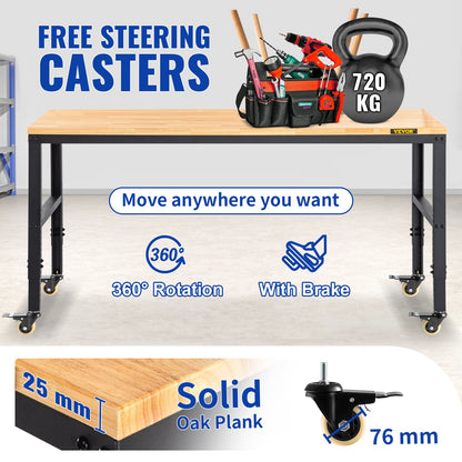 Workbench Adjustable Height, 122cm W X 61cm D X 104cm H Garage Table with 79 – 104 cm Heights & 720KG Capacity, with Power Outlets & Hardwood Top & Metal Frame & Swivel Casters, for Office Home