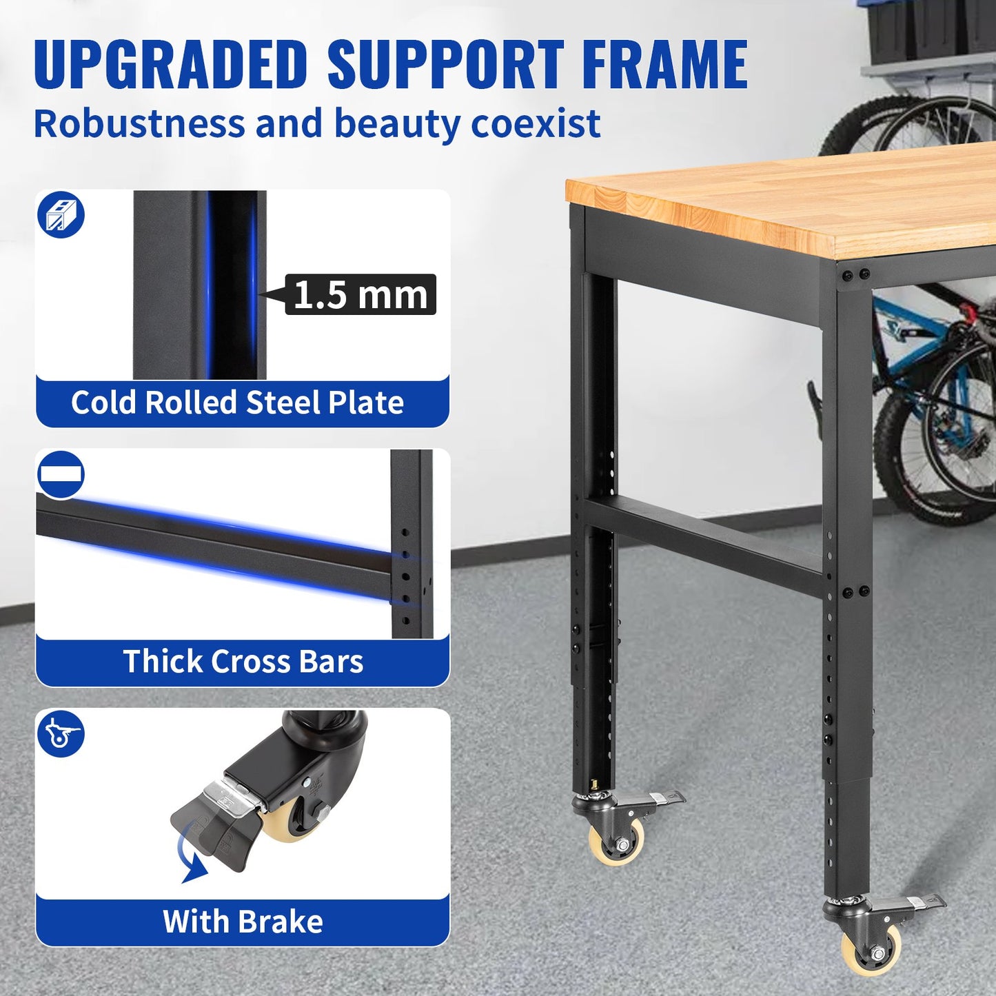 Workbench Adjustable Height, 122cm W X 61cm D X 104cm H Garage Table with 79 – 104 cm Heights & 720KG Capacity, with Power Outlets & Hardwood Top & Metal Frame & Swivel Casters, for Office Home