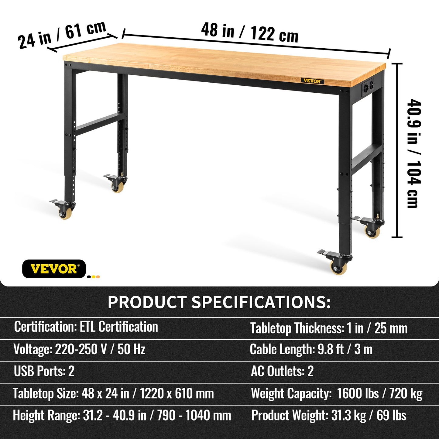 Workbench Adjustable Height, 122cm W X 61cm D X 104cm H Garage Table with 79 – 104 cm Heights & 720KG Capacity, with Power Outlets & Hardwood Top & Metal Frame & Swivel Casters, for Office Home