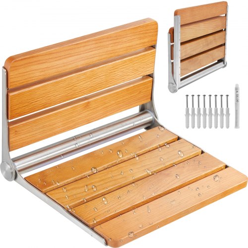 Folding Oak Shower Seat 16.1"/40.9 cm x 13.4"/34 cm Wall Mounted Shower Bench 440 lbs/199.6 kg