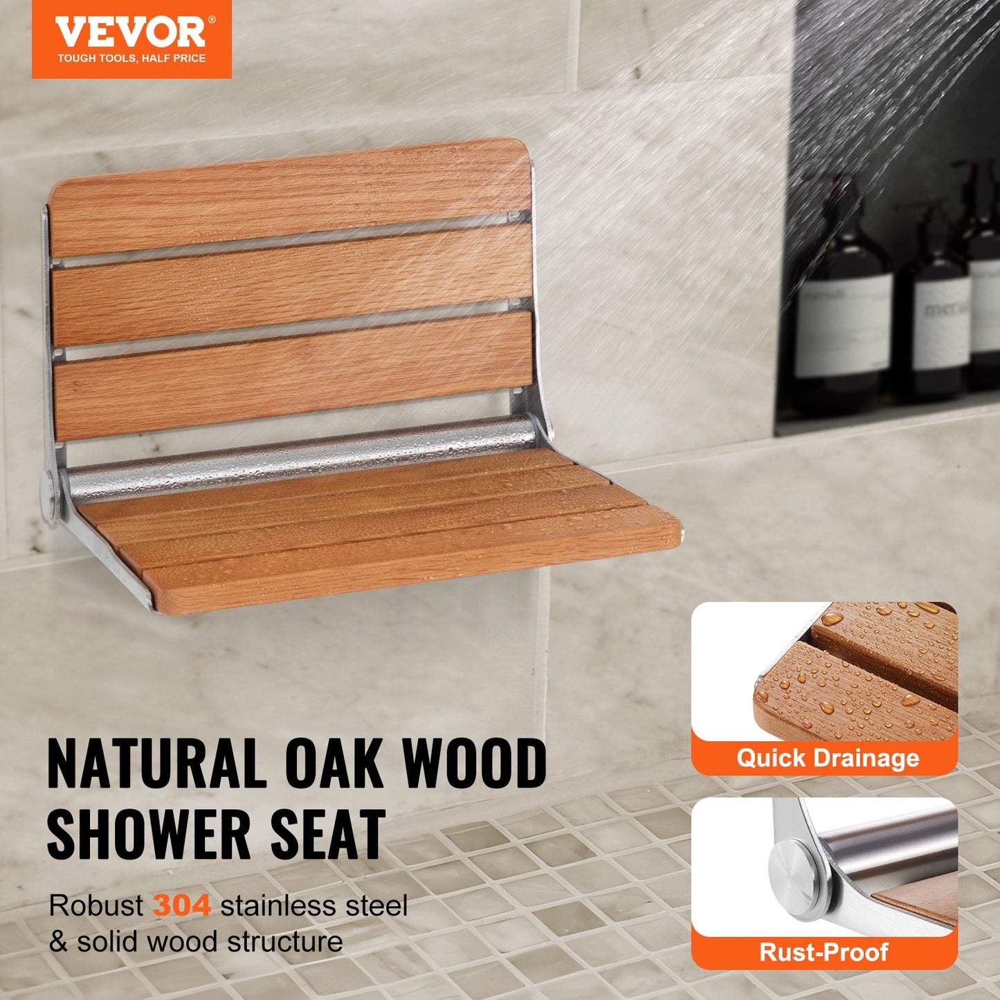 Folding Oak Shower Seat 16.1"/40.9 cm x 13.4"/34 cm Wall Mounted Shower Bench 440 lbs/199.6 kg
