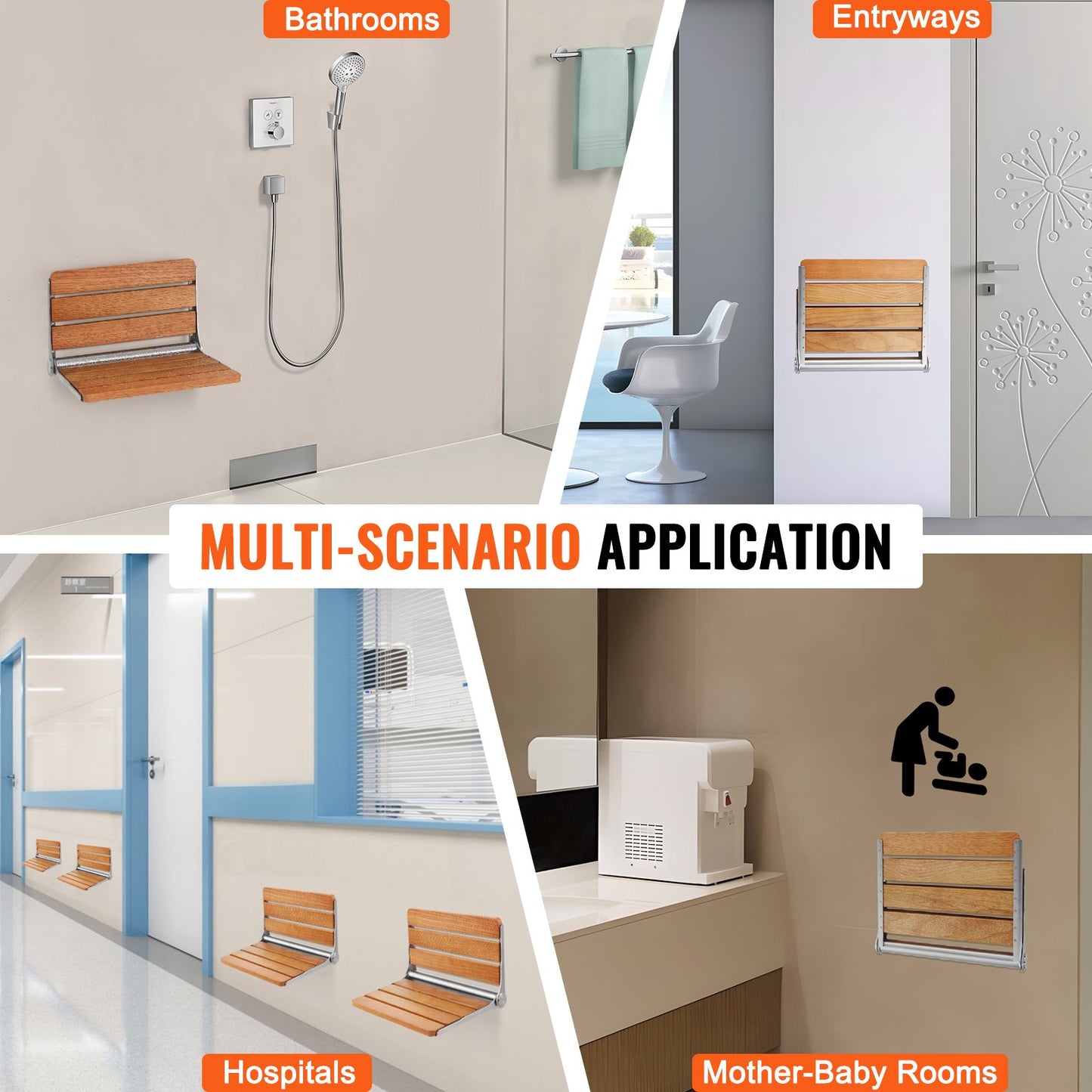 Folding Oak Shower Seat 16.1"/40.9 cm x 13.4"/34 cm Wall Mounted Shower Bench 440 lbs/199.6 kg