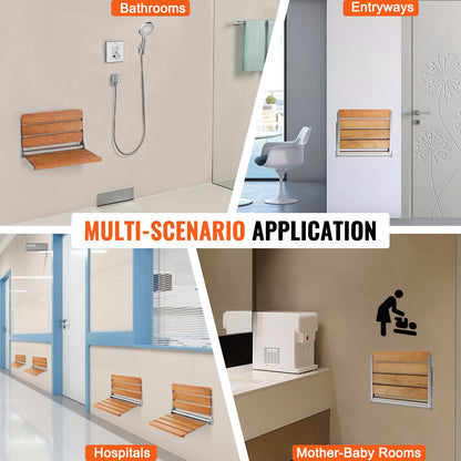 Folding Oak Shower Seat 16.1"/40.9 cm x 13.4"/34 cm Wall Mounted Shower Bench 440 lbs/199.6 kg